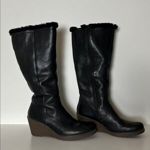 Ecco Shearling Lined Tall Leather Wedge Winter Boots 40